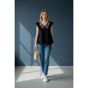 Umgee Black Embroidered Floral Babydoll Top Pom Pom Ruffle Sleeve Medium‎